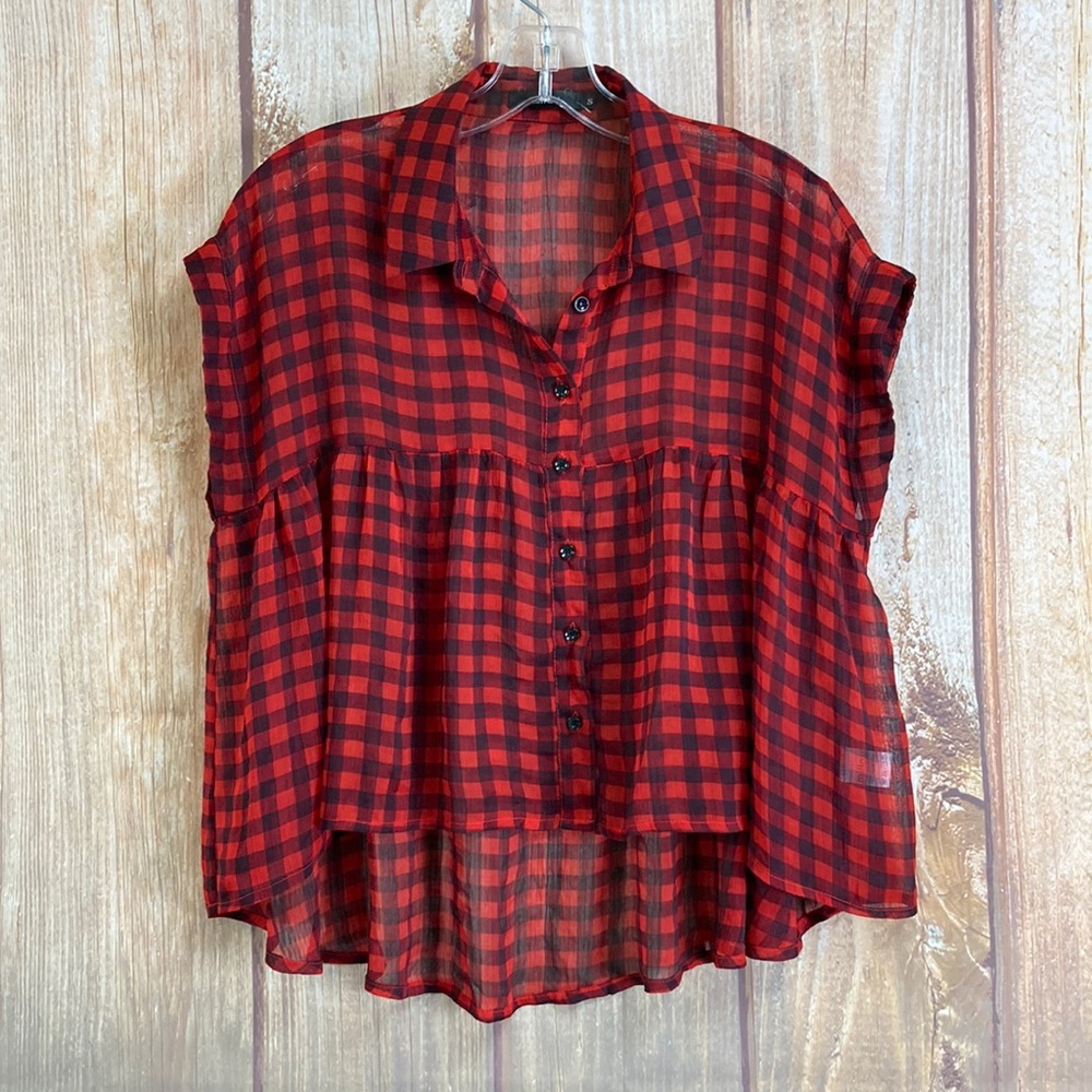 ➡️Millau Black/Red Gingham Sheer Crop Top Size Small